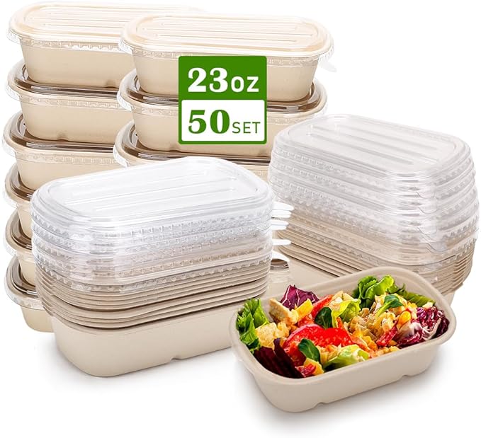 Aksipo 50 Pack 23 Oz Disposable Meal Prep Containers with Lids, Rectangle Paper Bowls with Lids for Salad,Leftovers, Leak-proof To Go Food Box Cardboard Lunch Box Compostable Take Out Food Containers