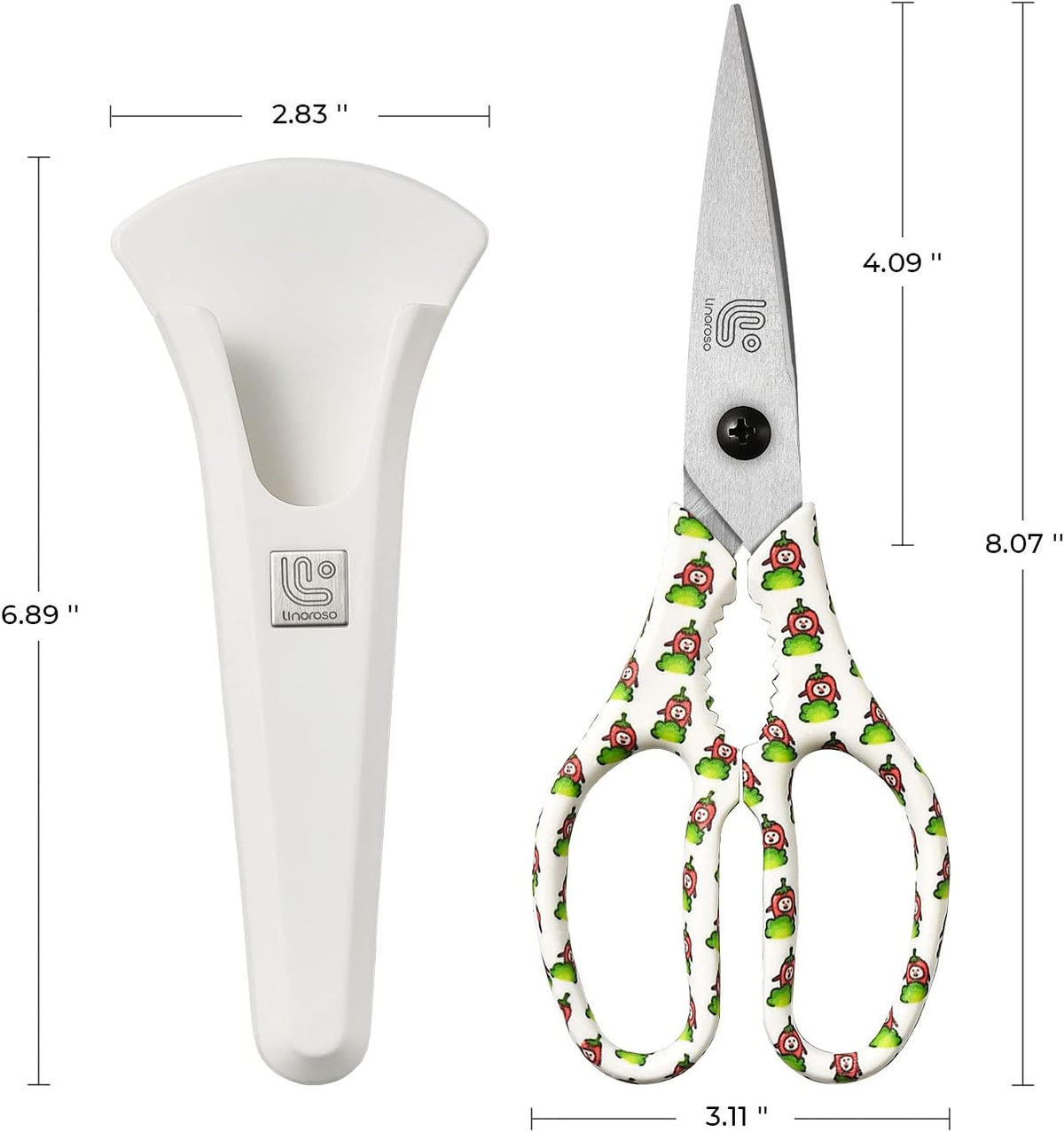 Linoroso Kitchen Scissors Heavy Duty Kitchen Shears with Magnetic Holder Made with Japanese Steel 4034, Multipurpose Ultra Sharp Cooking Scissors for Meat/Vegetables/BBQ/Herbs/Pizza (Graphic,Chili)