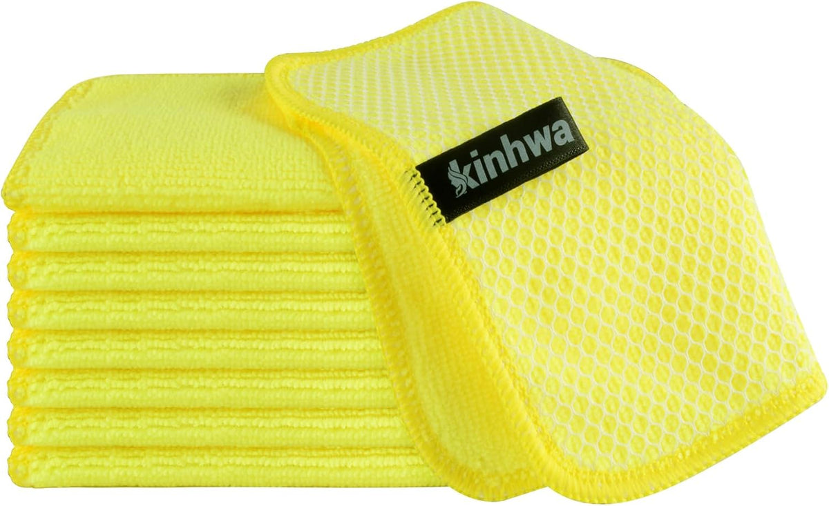 KinHwa Kitchen Washcloths for Dishes Absorbent Microfiber Dish Cloths Quick Dry Dish Rags with Poly Scour Scrub Side Ideal for Kitchen Cleaning (Yellow, 7inchx7inch 9 Pack)