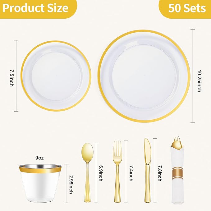 Goodluck 350 Piece Gold Plastic Dinnerware Set for Party, Clear Disposable Plates for 50 Guests, Include: 50 Dinner Plastic Plates, 50 Dessert Plates, 50 Pre Rolled Napkins with Cutlery Set, 50 Cups