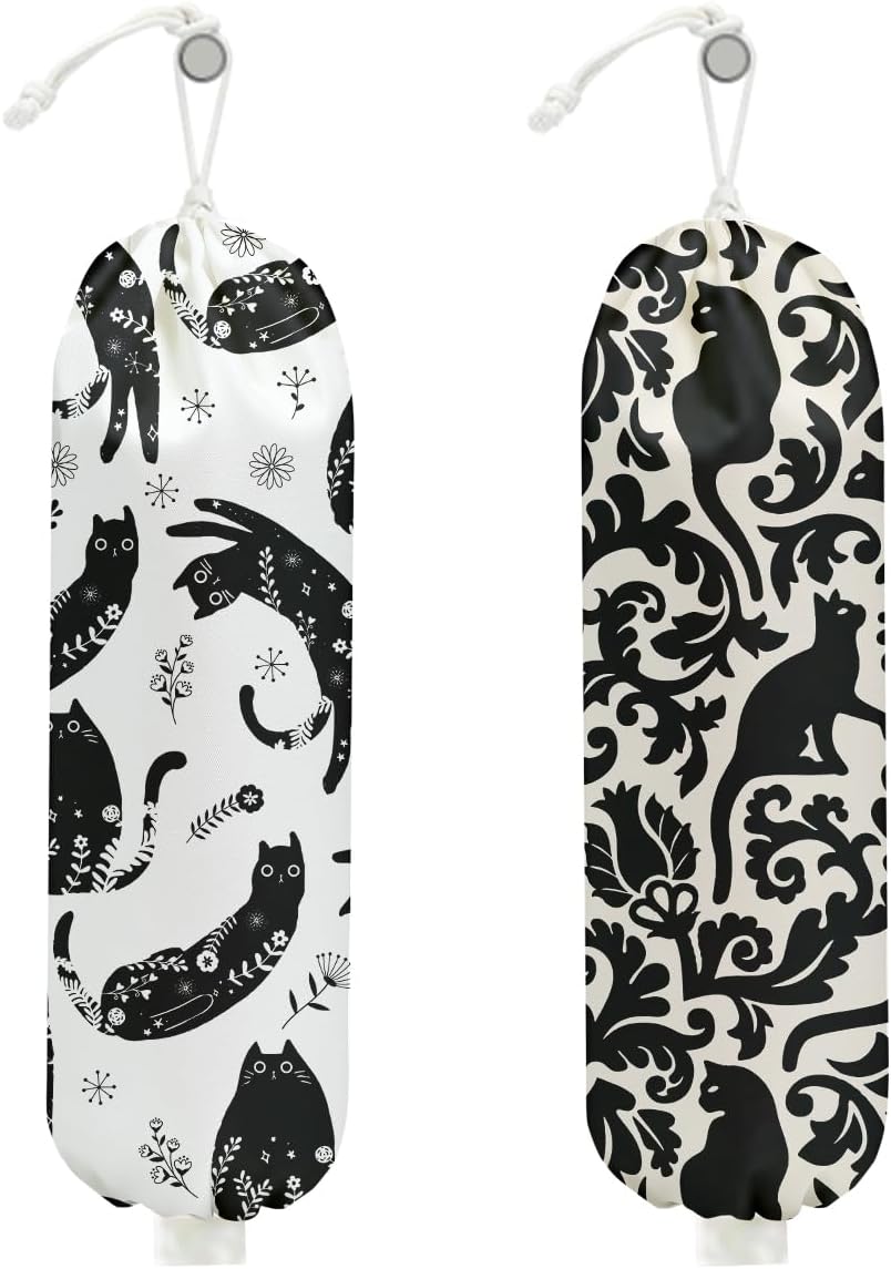 2Pcs Black White Floral Cat Plastic Bag Holder, Wall Mount Grocery Bag Holder for Plastic Bags, Mysterious Cats Reusable Grocery Bags Storage Dispenser for Home Kitchen Decor, Cat Lover Gifts