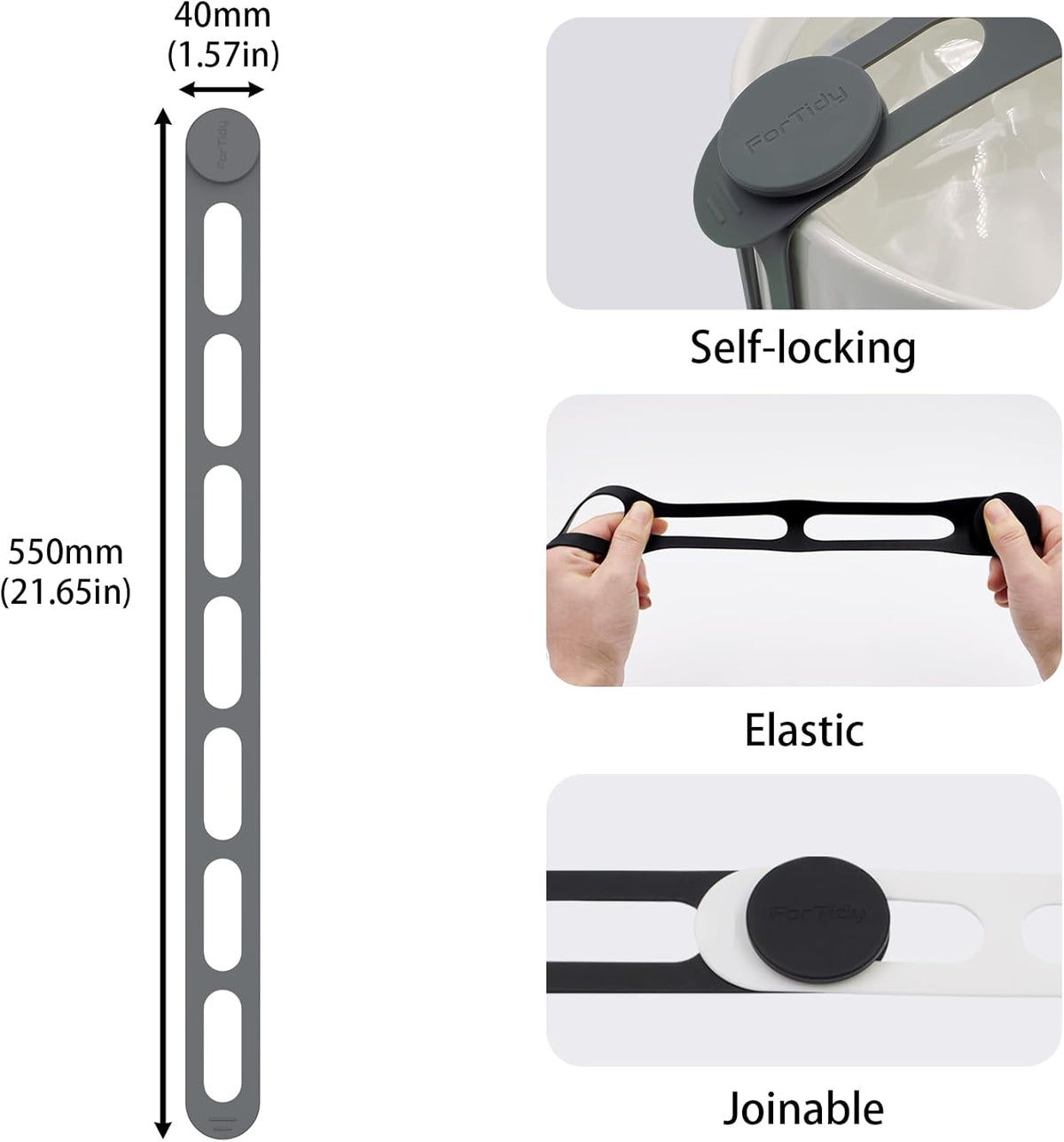 Silicone Utility Strap for Slow Cooker Lid, Pot, Bento Box, 21.65 In Reusable Elastic Self-Lock Silicone Tie for Bundling or Organizing Curtain, Cords, Yoga Mat, Camping Mat, 2pcs (Gray&White)