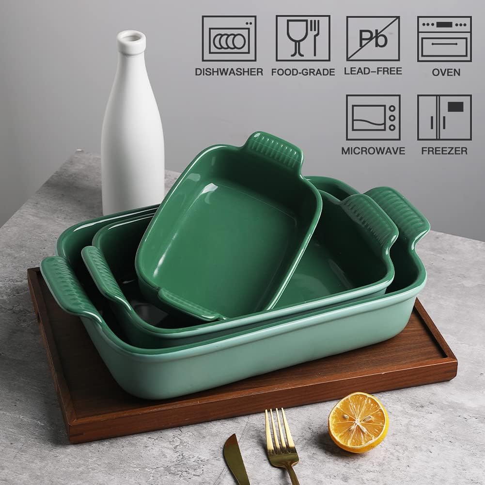 Sweejar Baking Pans Set, Ceramic 9x13 Baking Dish with Handle, Rectangular Casserole Dishes for Oven, Bakeware Sets of 3, Durable Lasagna Pan Deep for Kitchen, Banquet, Wedding Gift(Green)