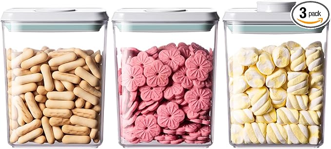 Airtight Food Storage Containers,1.3Qt 3Pcs Pop Food Containers with Lids, Stackable One Button Opening Kitchen Pantry Organizers and Storage, BPA-Free Food Containers Set for Snacks Candy Spices