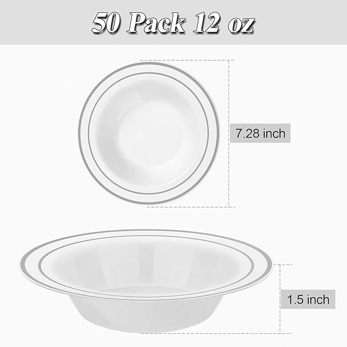 50 Pack Disposable Soup Bowls with Silver Rim, 12oz Premium Heavy Duty Plastic Dinner Bowls for Party, Wedding and Holiday
