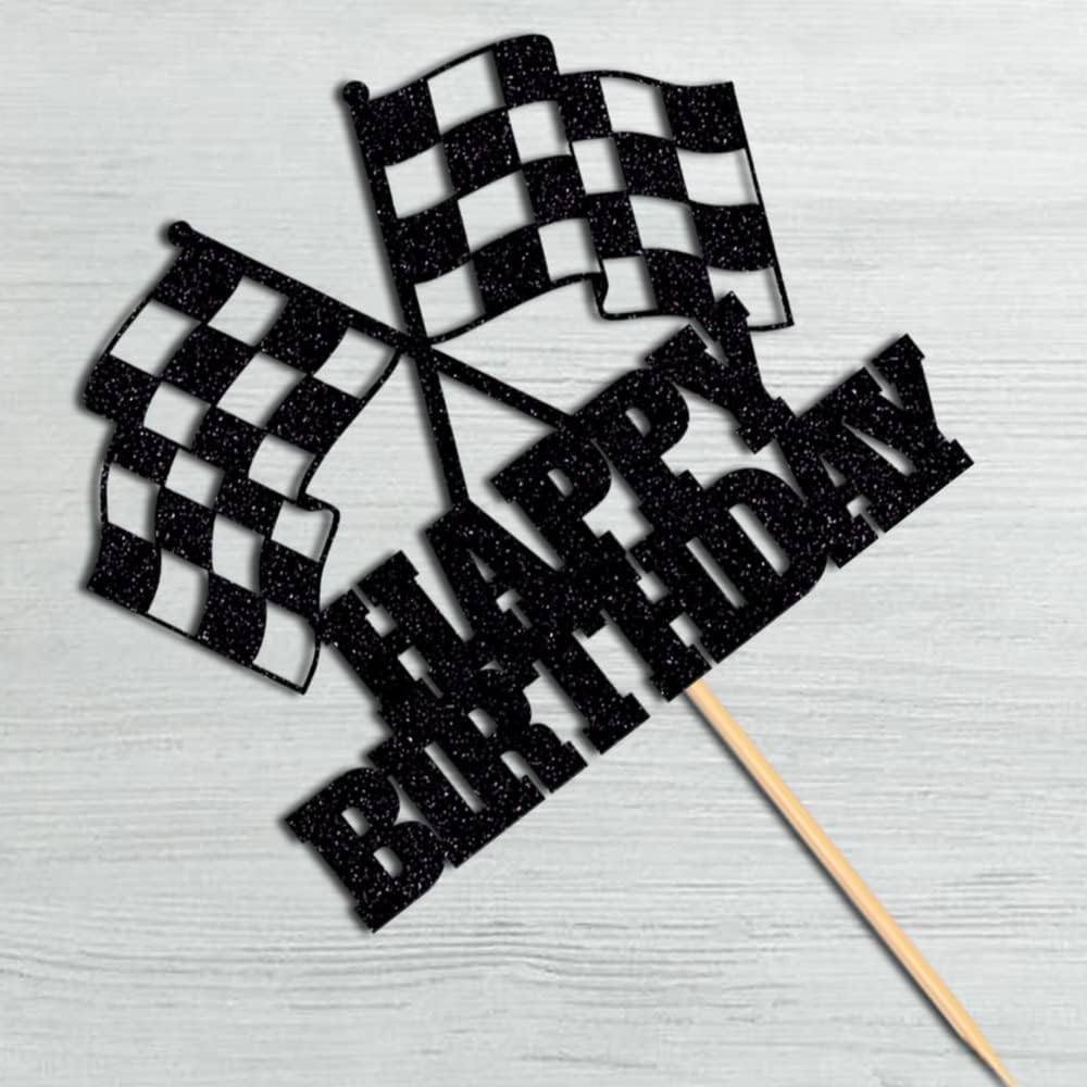 Race Car Cake Topper - Checkered Flag, Glitter, Happy Birthday Theme Cake Decor