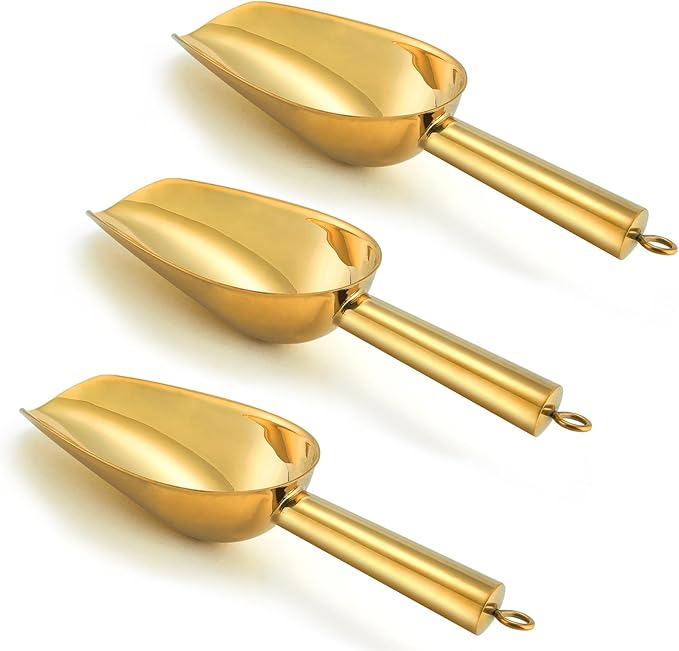 P&P CHEF Canister Scoop Set of 3, Ice Candy Scoop, Stainless Steel Multipurpose Food Scooper for Buffet Jar Freezer, Mirror Finish & Dishwasher Safe, Gold, 3+3+3 Oz