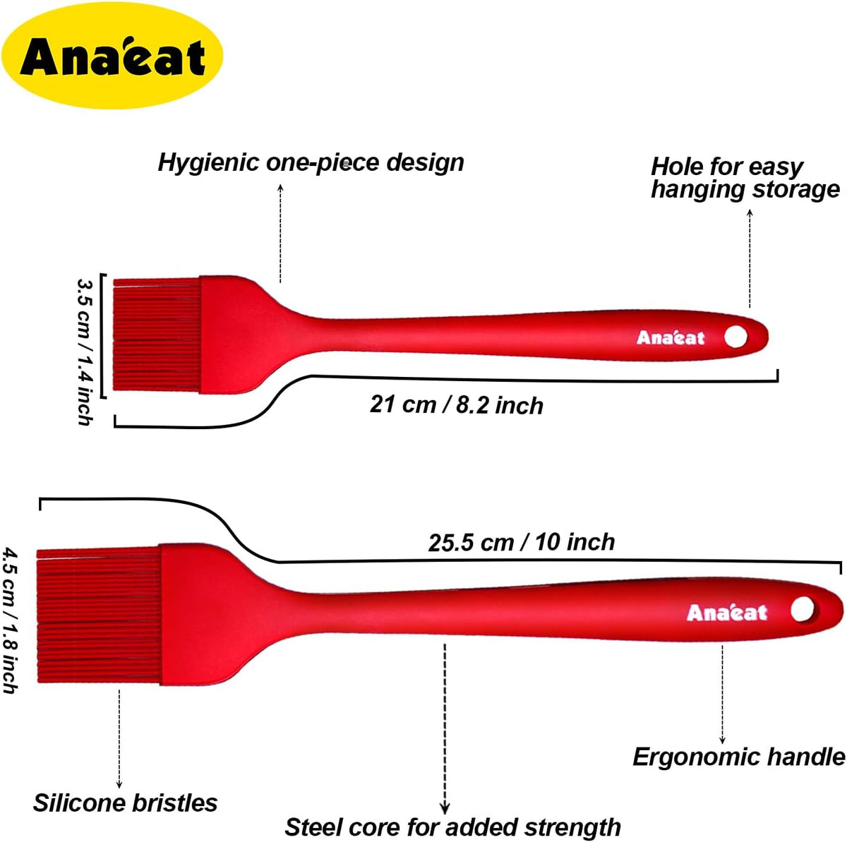 Anaeat High Heat Resistant Silicone Basting Pastry Brush Set of 2- Hygienic One-Pieces Design Spread Oil Butter for BBQ Grill Barbecue Baking Kitchen Cooking - BPA Free & Dishwasher Safe (10"+8.2")