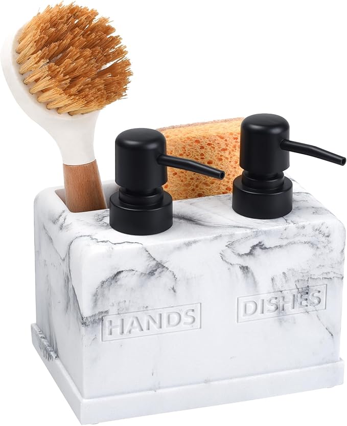 Kitchen Soap Dispenser Set,with Liquid Hand and Dish Soap,Sponge Holder and Brush Holder 4-in-1 Dual Soap Dispenser Set for Kitchen Sink, Bathroom - Artificial White Marble Look