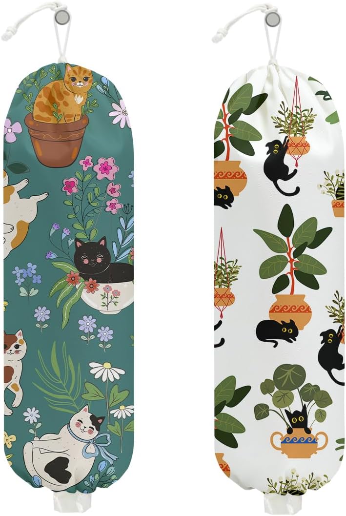 2 Pcs Cute Cat Plastic Bag Holder, Floral Plastic Storage bag Holders for Grocery Bags, Washable Large Grocery Bags Storage Dispenser for Home Kitchen Pantry Decor, Cat Lover Gifts for Women