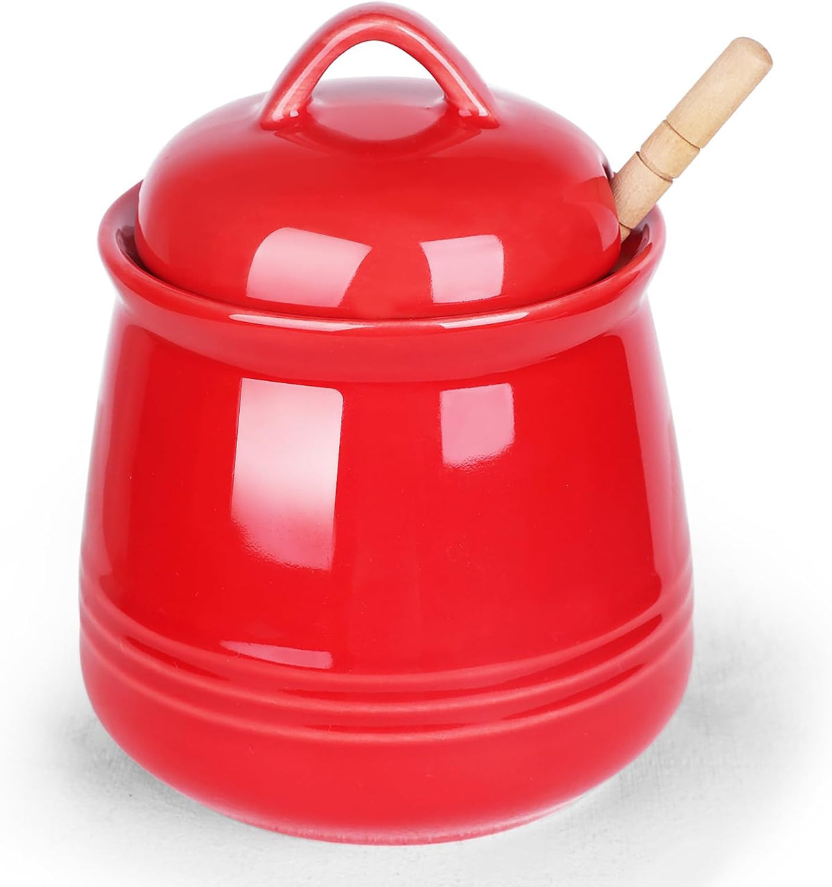 HAOTOP Ceramic Honey pot with Lid and Honey Dipper,Porcelain Honey Jar Easy to Clean and Dishwasher Safe,12oz (Red)