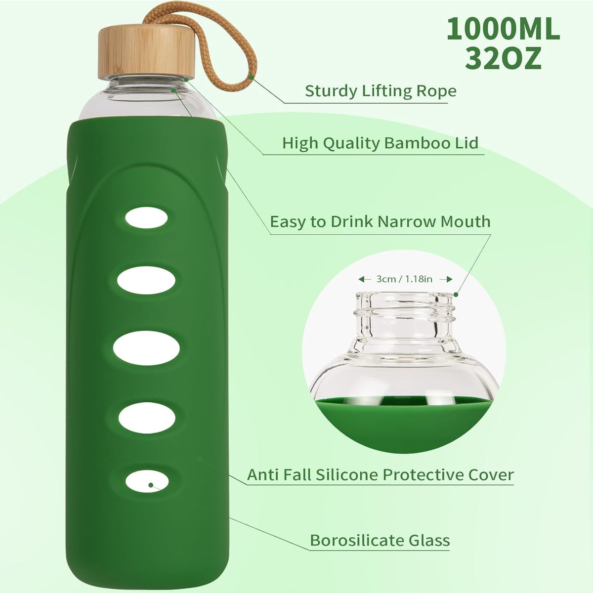 Sport 32oz Glass Water Bottle 1000ml /1 liter Borosilicate Glass Water Bottle Reusable Waterbottle Jugwith Silicone Sleeve and Unique Lid (Dark green