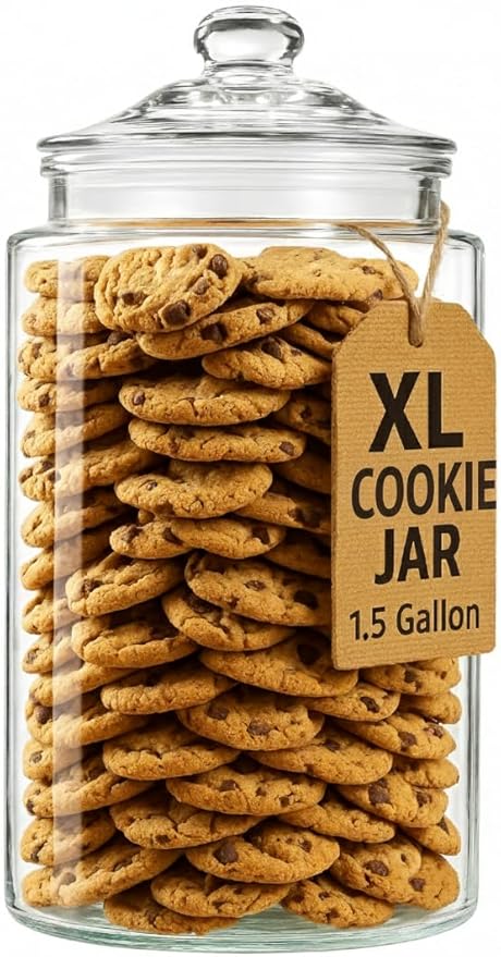 1.5 Gallon Glass Cookie Jar - Tall Food Storage Container with Airtight Lid - Large Kitchen Canister for Sugar, Flour, Dog Treat, Candy, Biscotti & Apothecary - Pack of 1