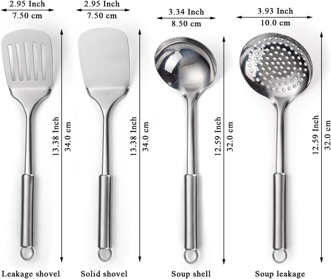 Stainless Steel Cooking Utensils Set 4 Pieces, Kitchen Tools Set Include Metal Spatula Set, Kitchen Skimmer, Soup Ladle, Kitchen Gadgets Essentials New Home Must Have