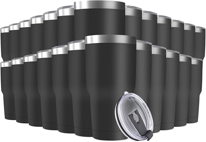 30oz Stainless Steel Travel Mug with Lid, 25 Pack Double Wall Vacuum Insulated Bulk Tumbler, Powder Coated Coffee Cup Suitable for Vehicle Cup Holders (Black)