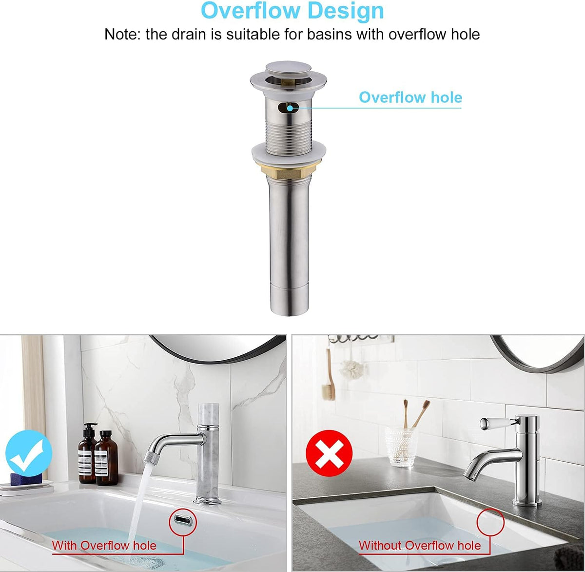 CREA Bathroom Sink Drain, Bathroom Sink Stopper with Drain Hair Catcher Pop Up Drain 1 1/2" for Bathroom Vanity Kitchen Sink with Overflow, Brushed Nickel