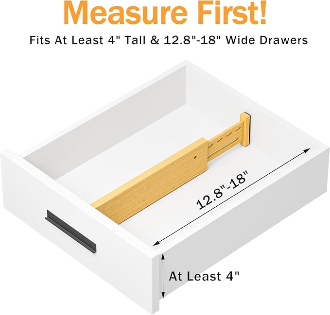 Bamboo Drawer Dividers 4" High, 12.8-18" Adjustable Drawer Organizers for Clothes,Expandable Dresser Separators in Bedroom/Kitchen/Bathroom/Office Organization and Storage,4 Pack