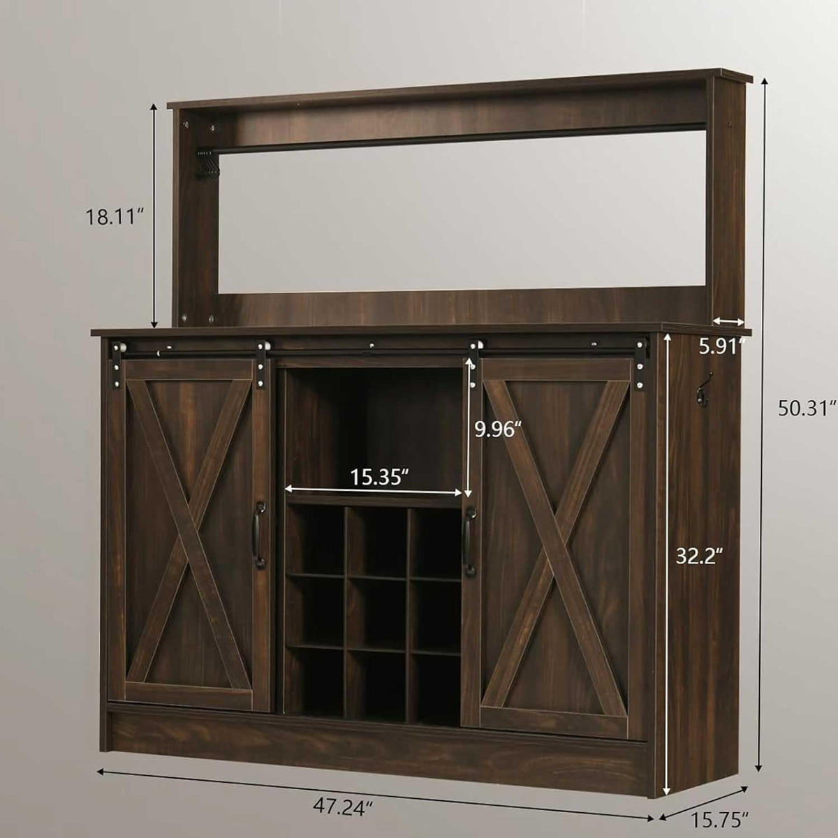 4ever2buy Farmhouse Coffee Bar Cabinet with 9 Wine Racks and 6 Hooks, 47 Inch Wine Cabinet with Storage, Kitchen Buffet Cabinet with Adjustable Shelves for Living Dining Room, Dark Oak
