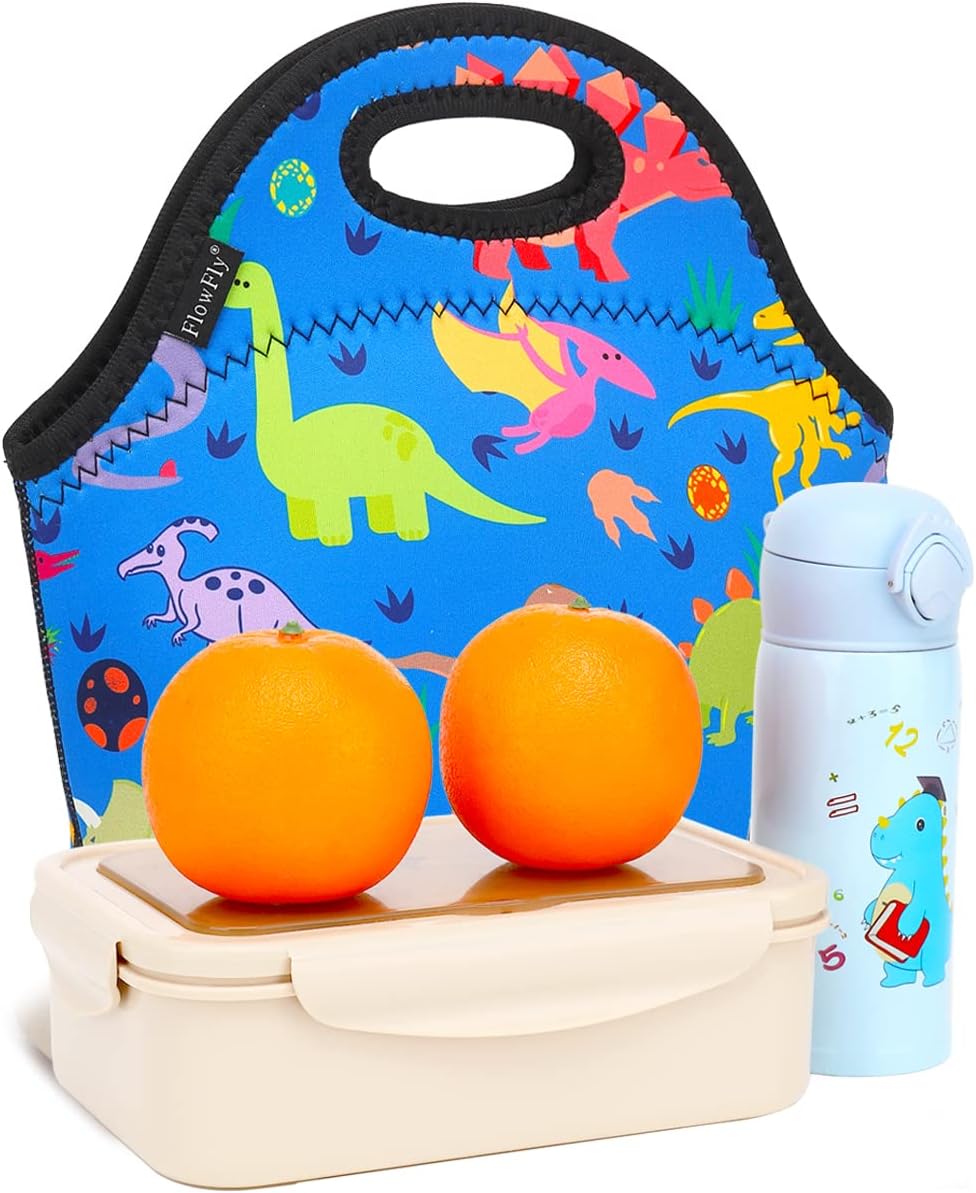 FlowFly Neoprene Kids Lunch box Insulated Soft Bag Mini Cooler Thermal Meal Tote Kit for Boys, Girls,Men,Women,School,Work, Office, Dinosaur