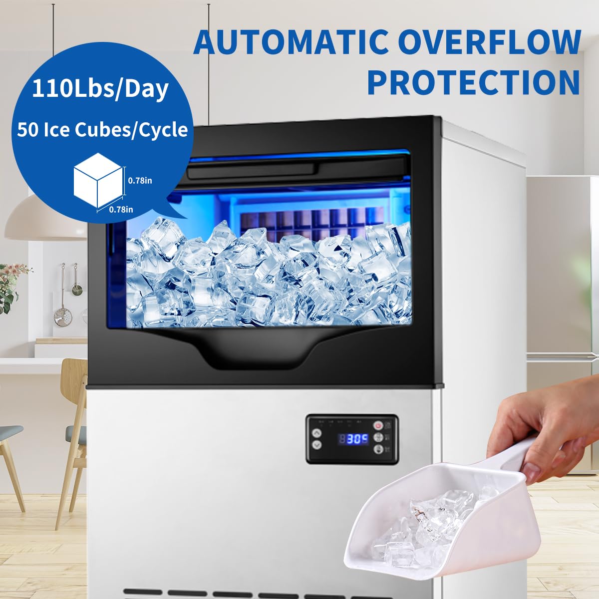 Commercial Ice Maker Machine, 110lbs/24H Stainless Steel Under Counter ice Machine with 22lbs Ice Storage Capacity, 6 Levels of Ice Thickness Adjustment, Ice Ready in 5-15 min