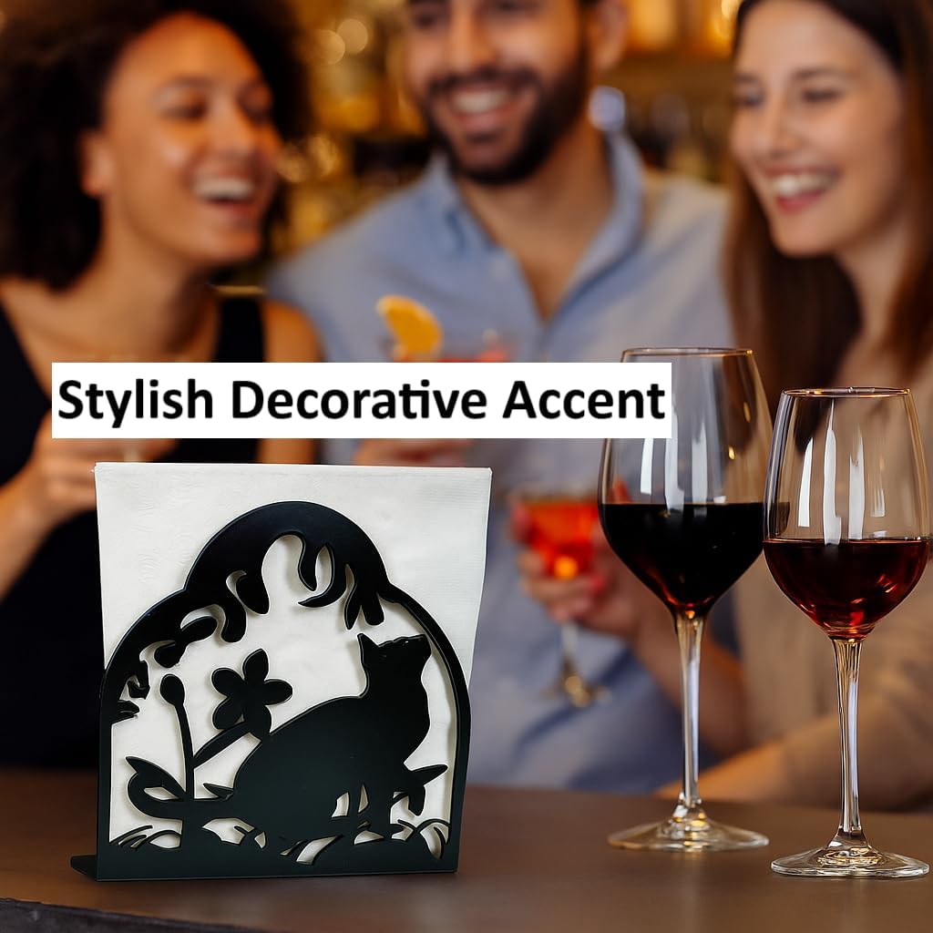 Decorative Metal Napkin Holder Set – Cat & Floral Design – 2 Sizes for Everyday & Cocktail Napkins – Black Modern Kitchen Coffee Filter Holder for Size #2 & #4 coffee filters.