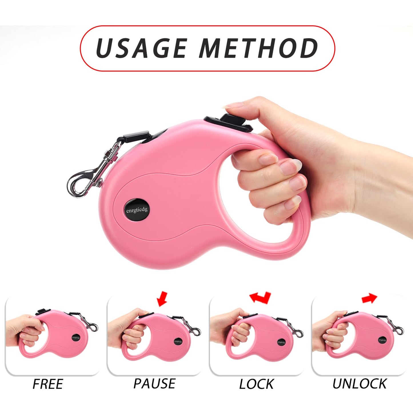 enrgticdg 16Ft Retractable Dog Leash,Light Weight Leash for Small to Medium Dogs/Cats Up to 50lbs,Stainless Steel Spring Strong Nylon Tape, Tangle Free, One-Handed Brake.(Pink-Black)