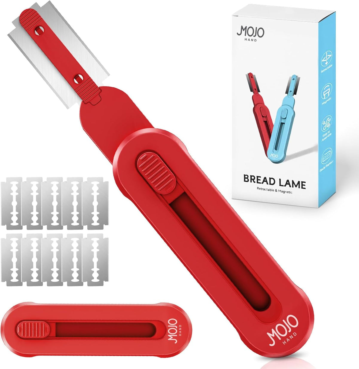 MOJOHAND Bread lame for Dough, Magnetic & Reusable Bread Lame Dough Scoring Tool, Anti-Slip Handle with Long Retractable Razor blades, Sourdough Scoring tool for Bread Making(Red)