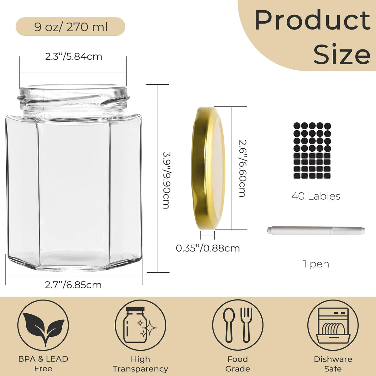 9 oz Hexagon Glass Jars with Gold Lids, 20 Pcs Canning Jars for Jam, Honey, Jelly, Candy, Candle, Wedding Favors, Baby Shower Favors, Spice Jars Crafts with Stickers and Pen for Labeling