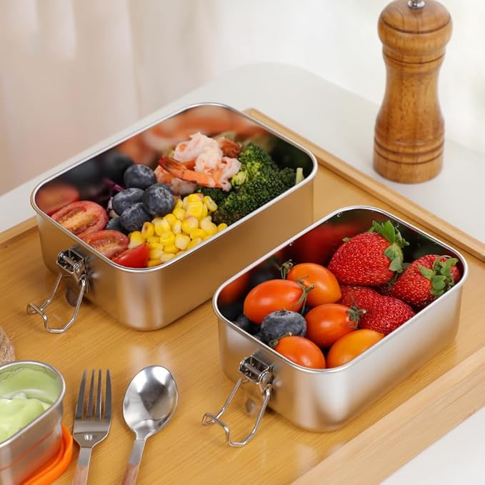 3-Pack 850ml (28.7 oz) Stainless Steel Bento Lunch Box Containers with Lids - Waterproof Metal Food Storage - Snack Prep Trays and Tiffin Carriers