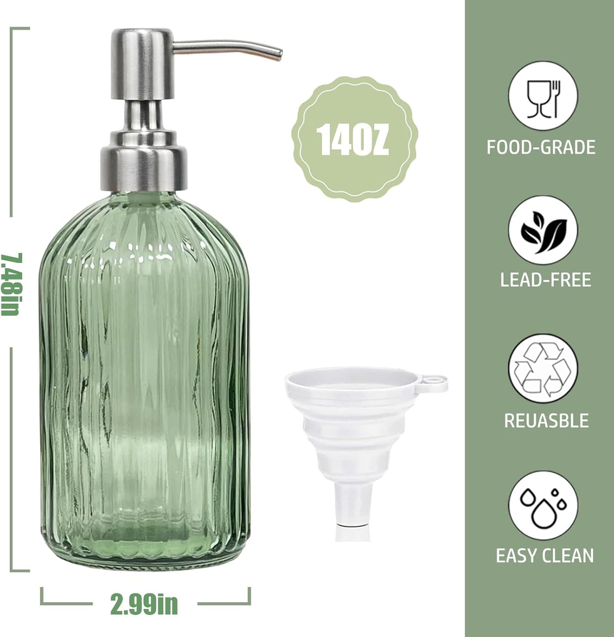 14Oz Green Soap Dispenser Bathroom, Clear Glass Hand Soap Dispensers with Stainless Steel Pump, Refillable Dish Soap Dispenser with Funnel for Kitchen, Countertop Soap Dispensers