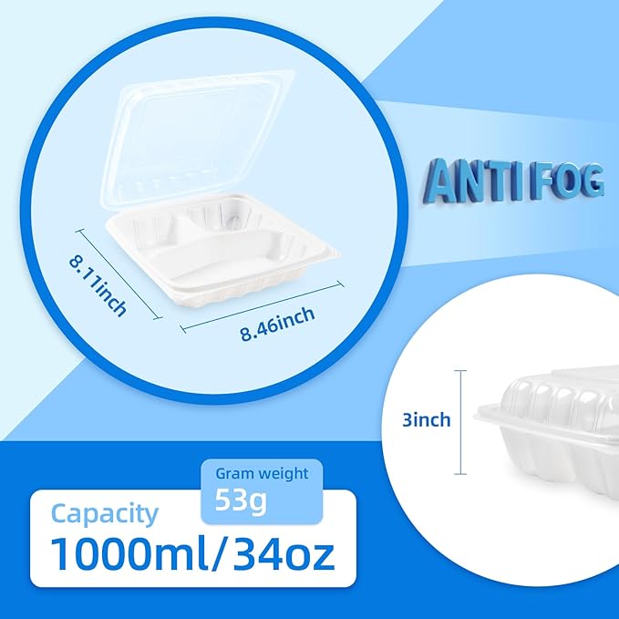 YANGRUI Plastic Containers 8" 34 oz 25 Pack - Reusable Fog Free Crystal Lid Technology | BPA Free PP Freezer & Microwave Safe Shrink-Sealed Takeout Box | White Restaurant 3 Compartment Food Container
