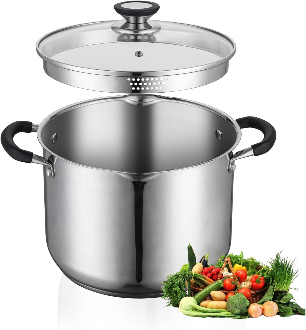 8 Quart Stainless Steel Stock Pot with Strainer Glass Lid,8 Qt Multipurpose Stockpot with Pour Spout,Stay-cool silicone Handle.