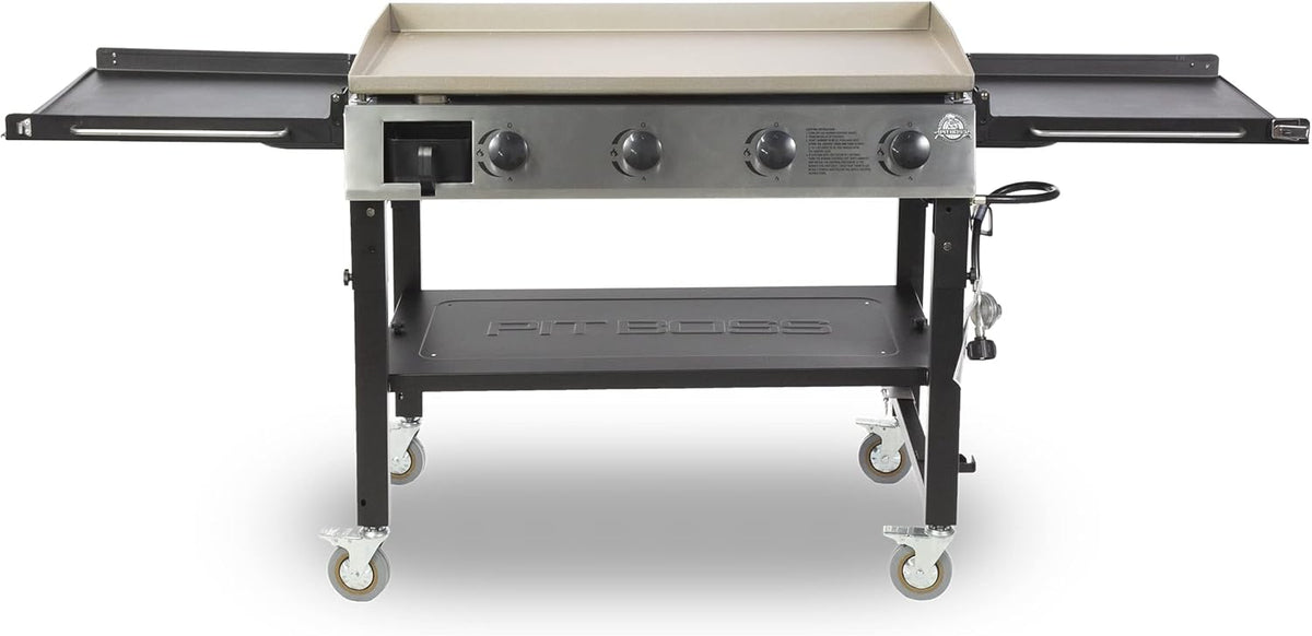 Pit Boss PB757GD Four Burner LP Fold Over Side Shelves 36" Gas Flat Top Griddle with Fitted Cover, 4 Deluxe, BLACK