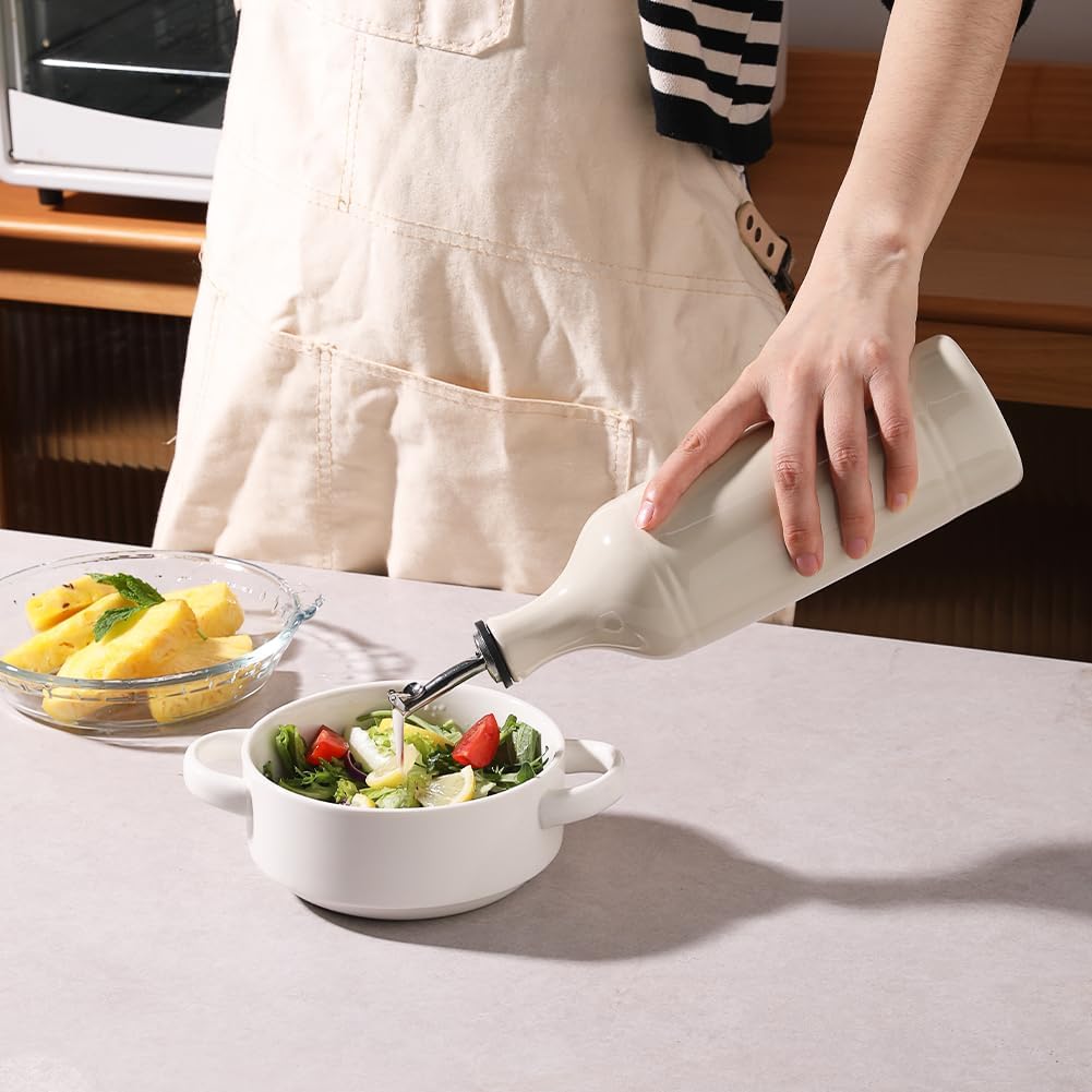 Sweejar Large Ceramic Olive Oil Dispenser Bottle, Opaque Oil Cruet Protects Oil to Reduce Oxidation, Storage Oil, Vinegar, Soy Sauce & Other Liquids, Pack of 1, 24 Fl Oz (Beige)