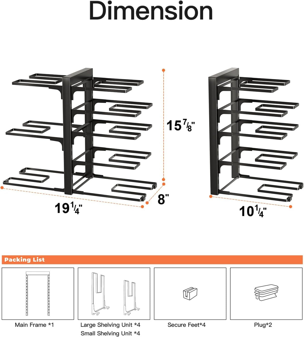 ORDORA Pots and Pans Organizer Rack for Cabinet, 15.83" Height 8-Tier Heavy Duty 120LBS Pot Pan Organizer under Cabinet Adjustable for Dutch Oven, Cast-iron Pan, Heavy Skillets Griddles, Shallow Pot