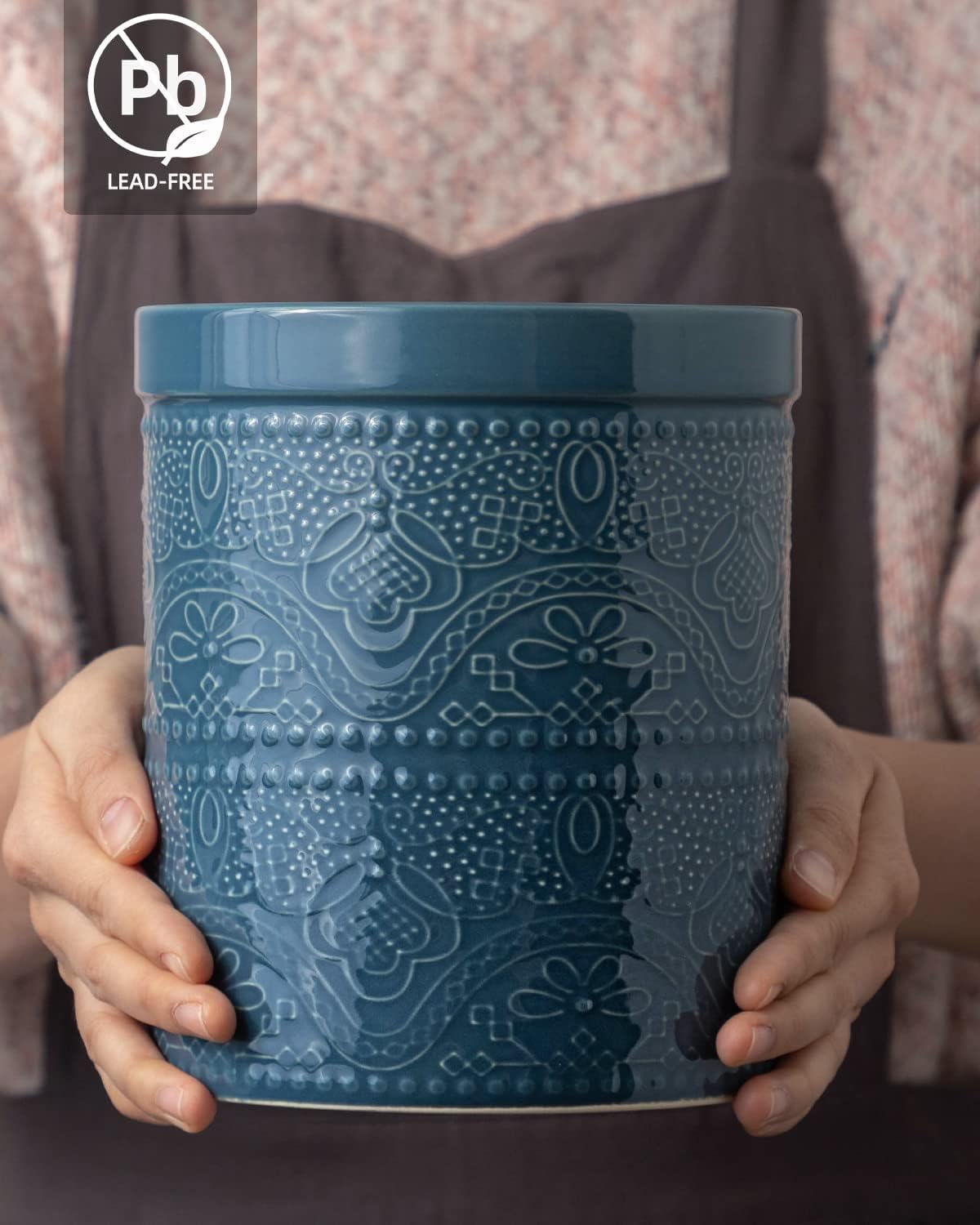 Fun Elements Kitchen Utensil Holder, 7.2" Super Large Utensil Crock Heavy and Stable Lace Emboss Ceramic Utensil Holder for Kitchen Counter (Grayish Blue)
