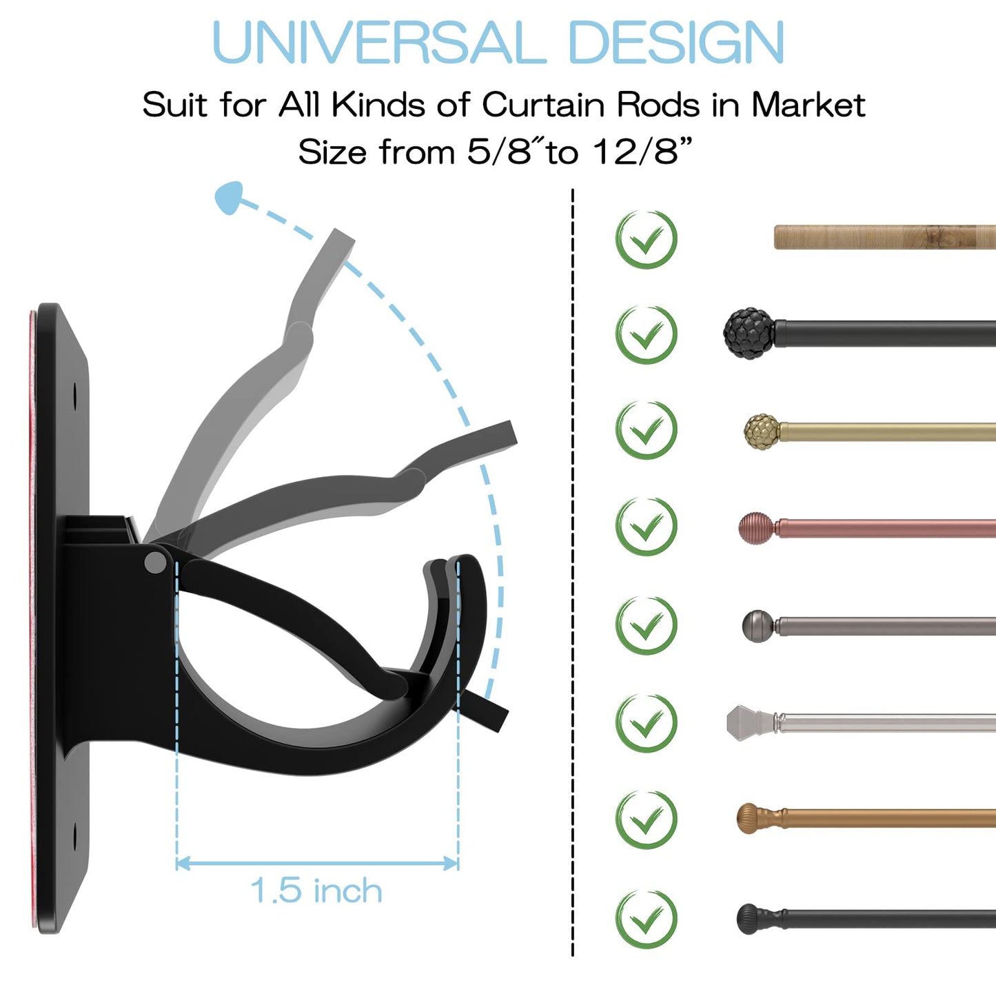 4 Pieces Self Adhesive Curtain Rod Bracket, Universal Plastic Curtain Rod Holders, No Drill Curtain Rod Brackets Curtain Rod Hooks for Bathroom, Bedroom, Livingroom, Kitchen (Black)