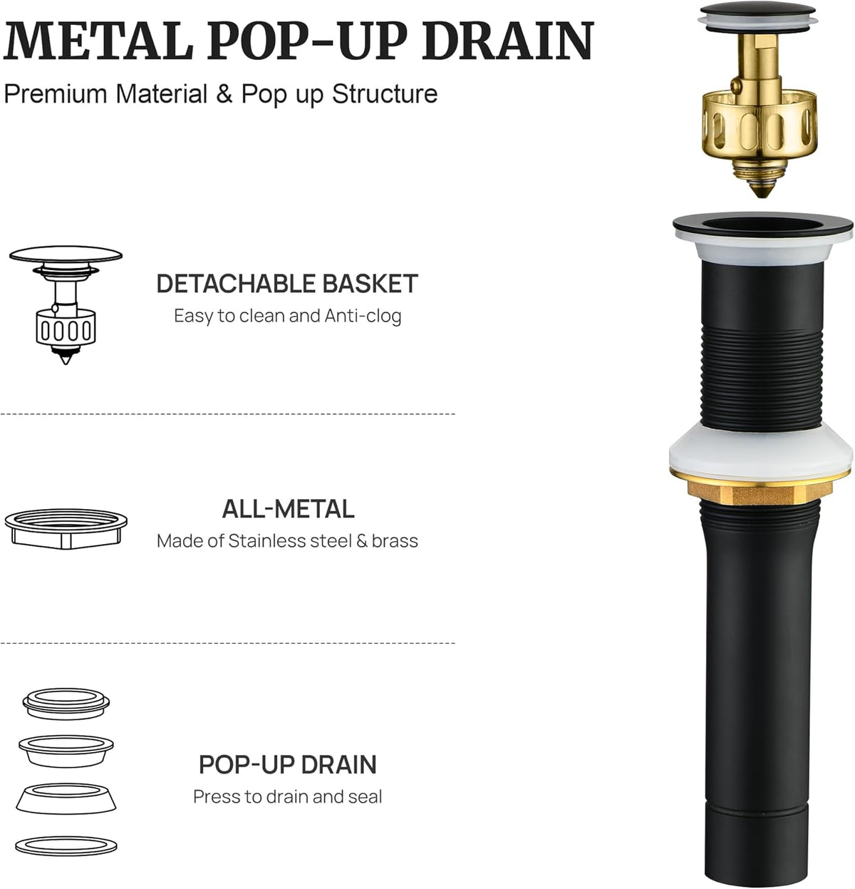 Pop up Sink Drain Stopper for Bathroom Vessel Vanity Sink Art Basin Matte Black, Small Cap Without Overflow, Metal Pop-up Drain Strainer with Detachable Basket Stopper