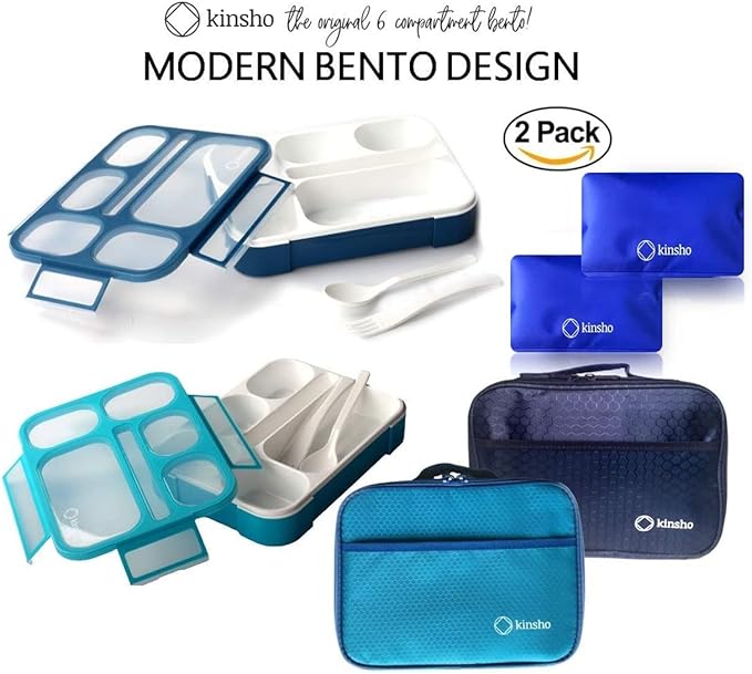 Bento-Box insulated Lunch Bag and Ice Pack Set. Lunch Boxes Snack Containers Kids Boys Girls Adults. 6 Compartments, Leakproof Portion Boxes Insulated Bags for School Lunches, BPA Free (Blue + Navy)