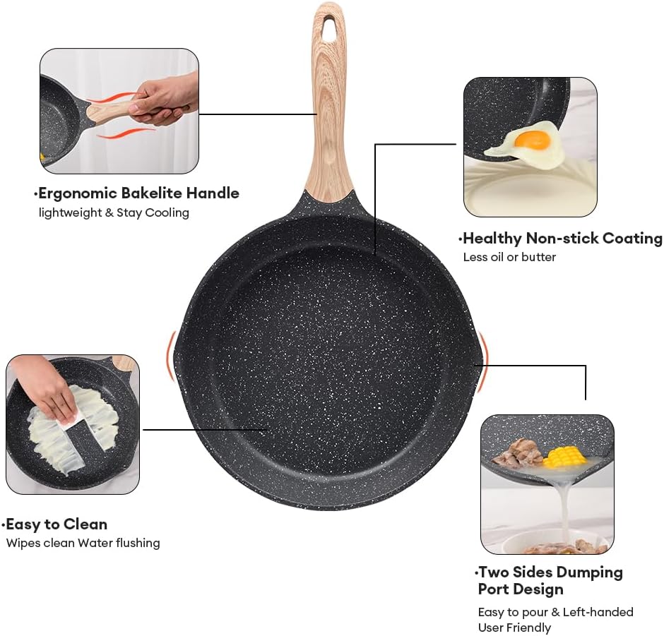 JEETEE Nonstick Frying Pans Skillet with Lid, 12.5" Granite Non-Stick Frying pan, Aluminum Pans with Bakelite Handle, Compatible with All Stovetops (Gas, Electric & Induction), Grey