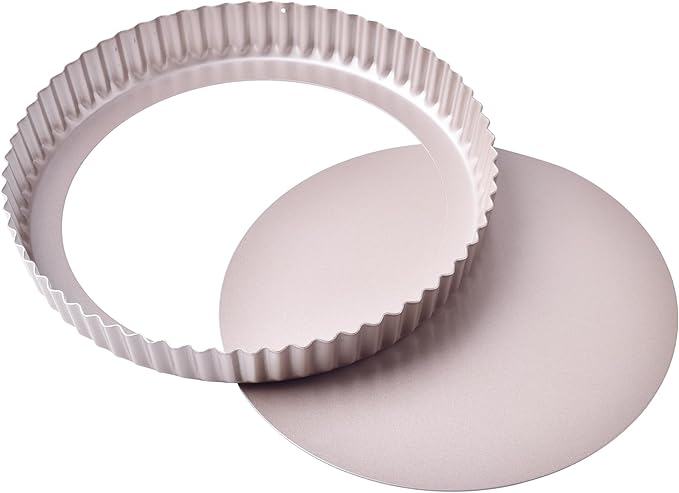 11-Inch Round Tart Pan with Loose Removable Bottom, Non-Stick Carbon Steel Quiche Pan for Oven Baking (Champagne Gold)