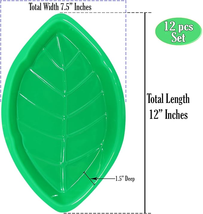 Palm Leaf Serving Trays | 12 Pcs Green Plastic Hawaiian Snack Trays | Luau Party Decorations Serveware | Tropical Party Serving Platter | BBQ, Summer, Beach, Island, Jungle Serving Tray | By Anapoliz