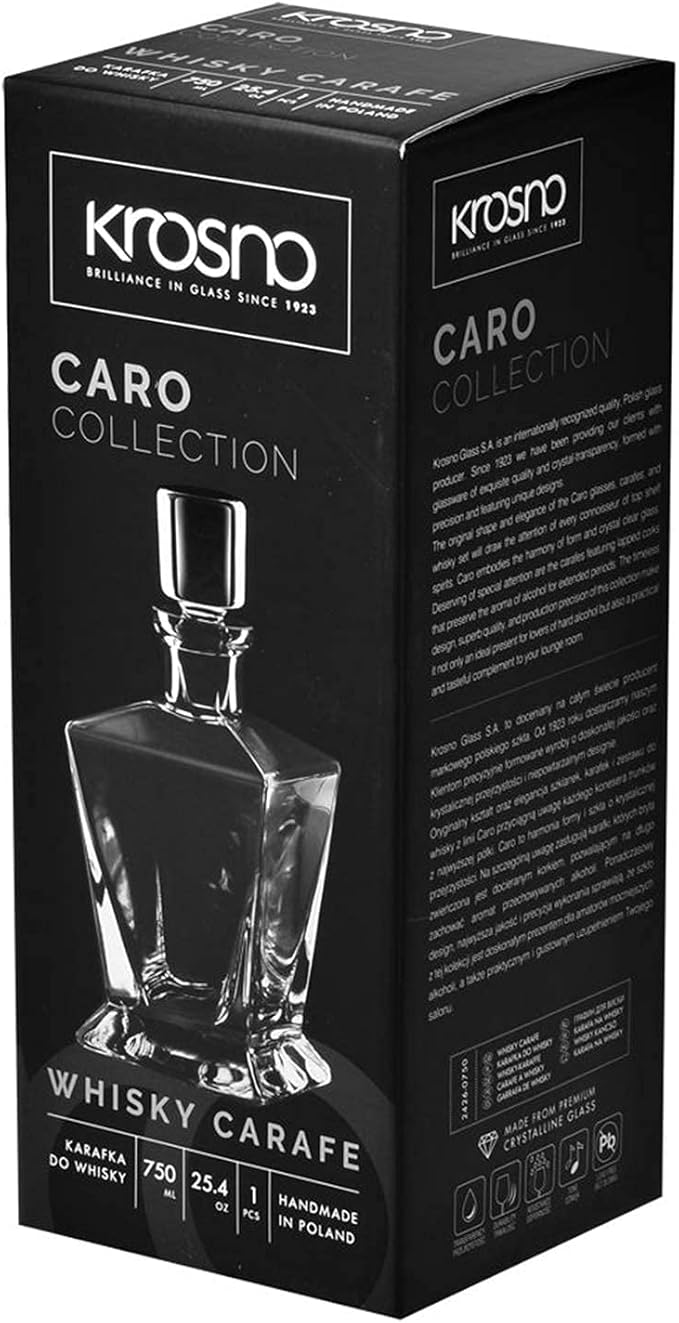 Krosno Whiskey Decanter Carafe with Stopper | 25.4 oz | Caro Collection | Home Restaurants Parties | Gift Idea Wedding Bar Mitzvah | Made in Europe