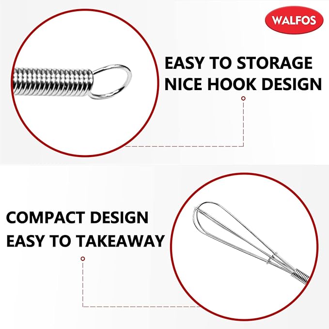 Walfos Mini Whisk,Non-Rust Whisk,304 Stainless steel Small Whisk.Heat Resistant 450℉.6+8Inch Tiny whisk Nice for Whisking, Blending Ingredients, Beating, Mixing Sauces (Silver)