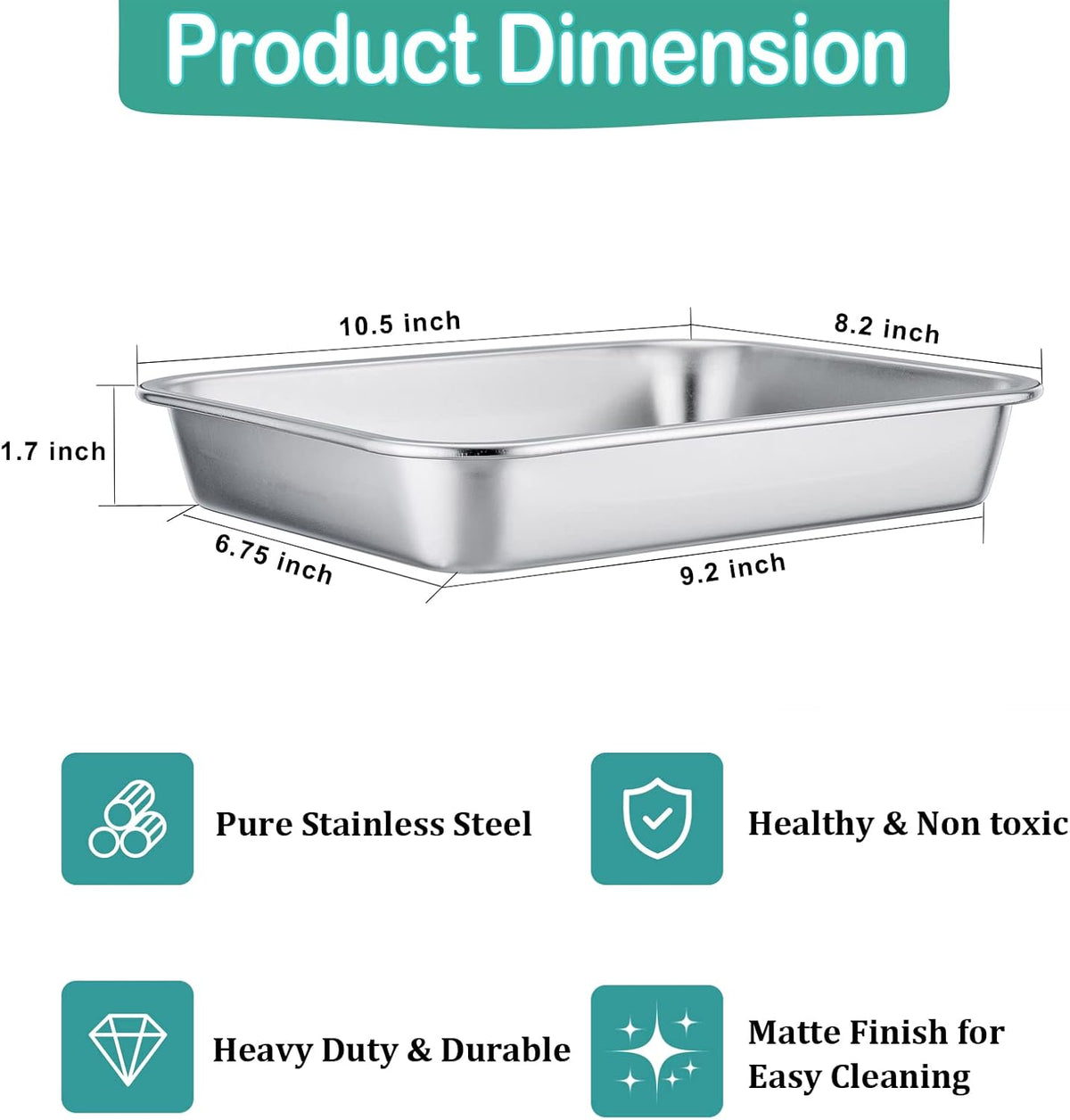 TeamFar Lasagna Pan, 10.5 x 8 x 1.7 inch Stainless Steel Rectangle Cake Pan Brownie Pan Set for Roasting Baking, Non Toxic & Healthy, Oven & Dishwasher Safe, Brushed Surface & Wider Edge - Set of 2