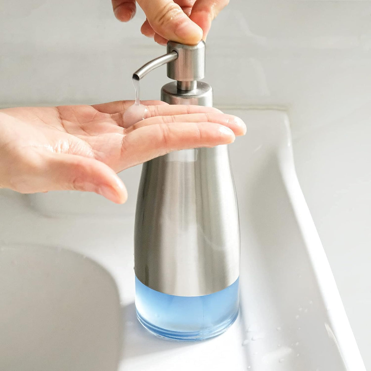 Soap Dispenser with Non-Slip Silicone Pad, 2 Pack Kitchen Dish Refillable Liquid Dispensers, Hand Soap Dispenser for Bathroom, Stainless Steel Case Glass Liner Hand Pump Dispenser Silver & Black