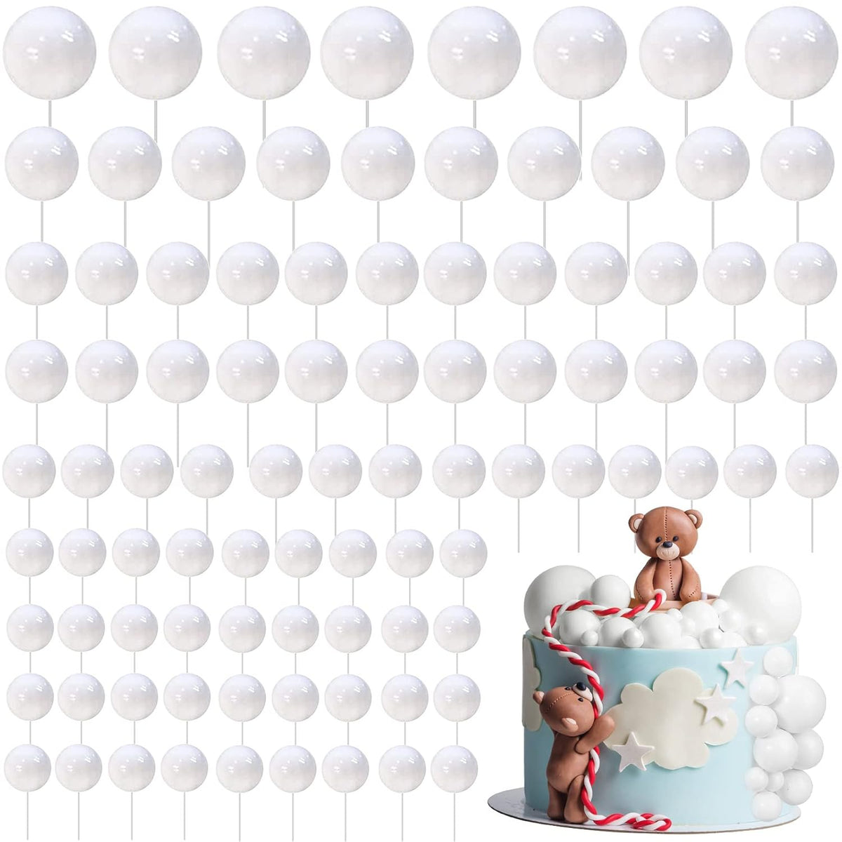 108 Pcs Balls Cake Topper DIY Cupcake Insert Foam Balloons for Cake Baking Wedding Anniversary Birthday Decoration(White,Multi Sizes)