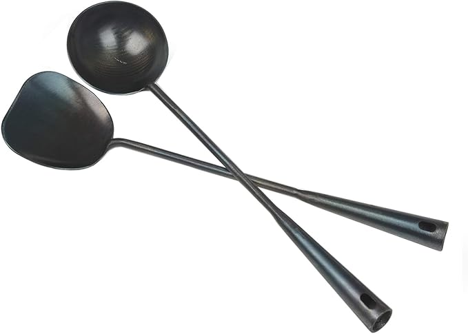 ZhenSanHuan Chinese Traditional HandMade Iron Spatula & Ladle Wok Tool Set,Long wok utensils (Ladle and Spatula Set)