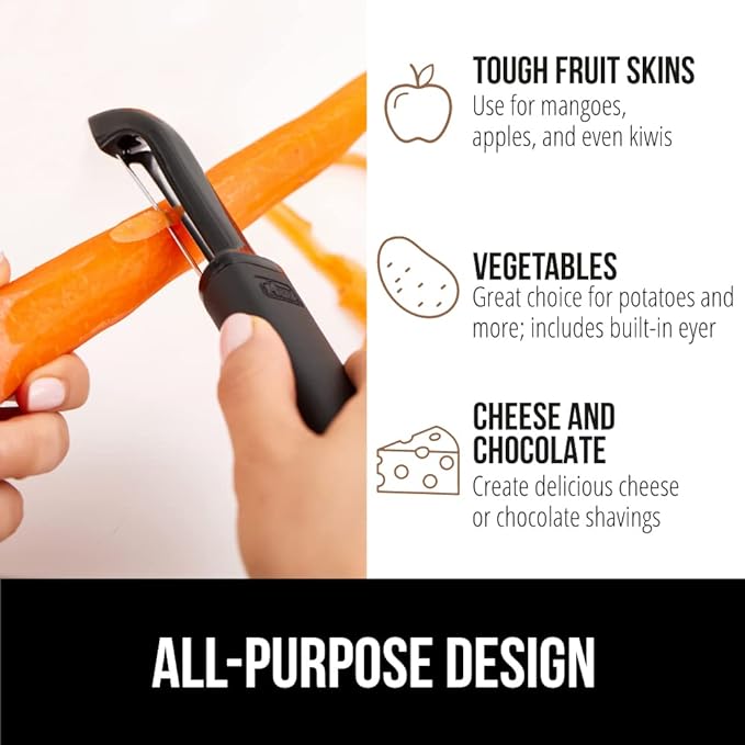 GORILLA GRIP Patented BPA-Free Sharp Stainless Steel Dual Swivel Vegetable Peeler, Soft Comfortable Handle, Smoothly Peel Apples Potatoes Carrots, Includes Blade Cover, Holiday Prep Essentials, Black