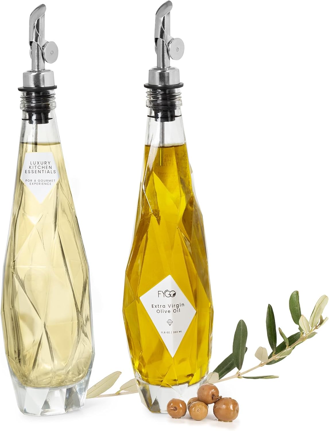 FYGO Diamond Lux Olive Oil Bottle Dispenser - Oil and Vinegar Container Set With Pourer and Funnel - Glass Bottle for Kitchen - 350ml - Set of 2